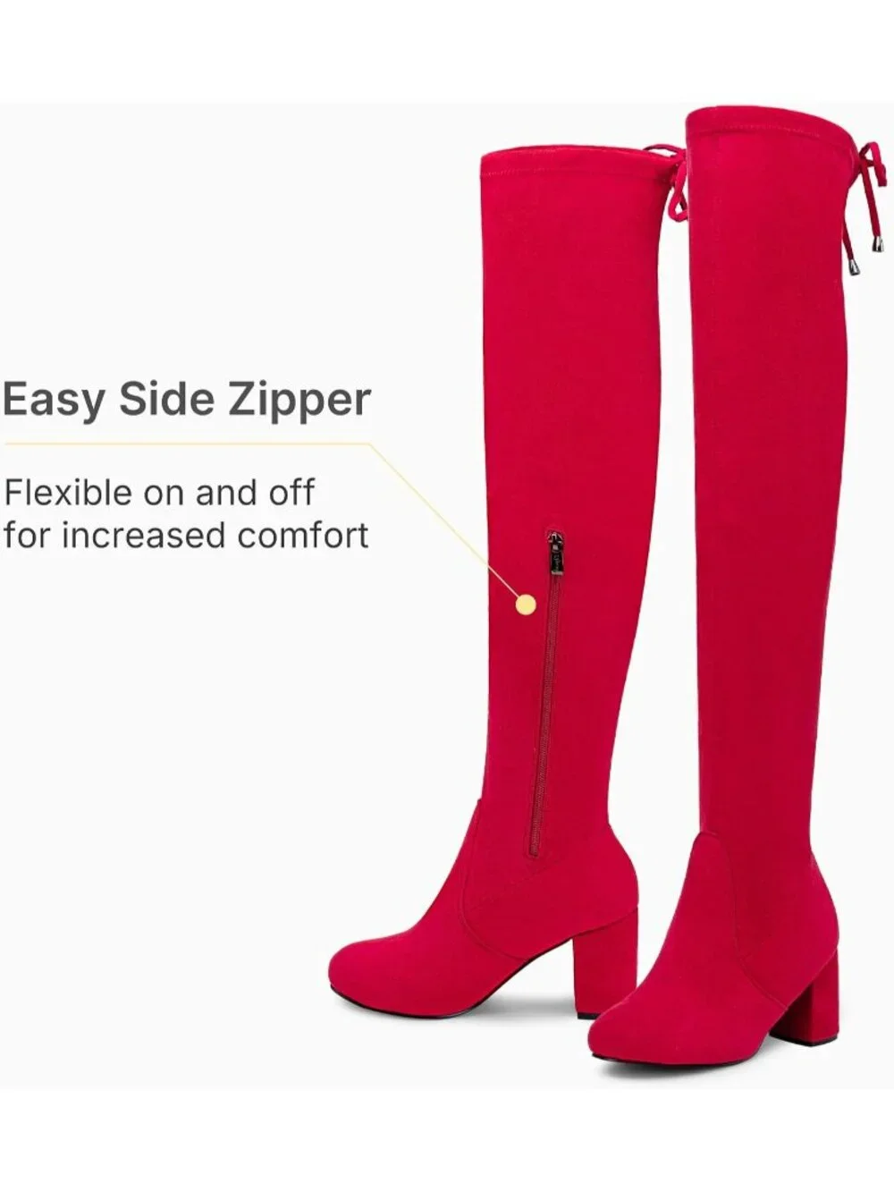 Women's Red Chunky Heel Round Toe Side Zipper Over The Knee Thigh High Boots